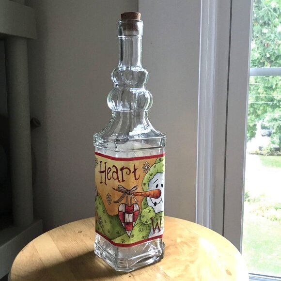 VTG Hand-Painted Glass Bottle 12" Snowman Heart Warmer Folk Art Signed 2010 Cork - Picture 6 of 7